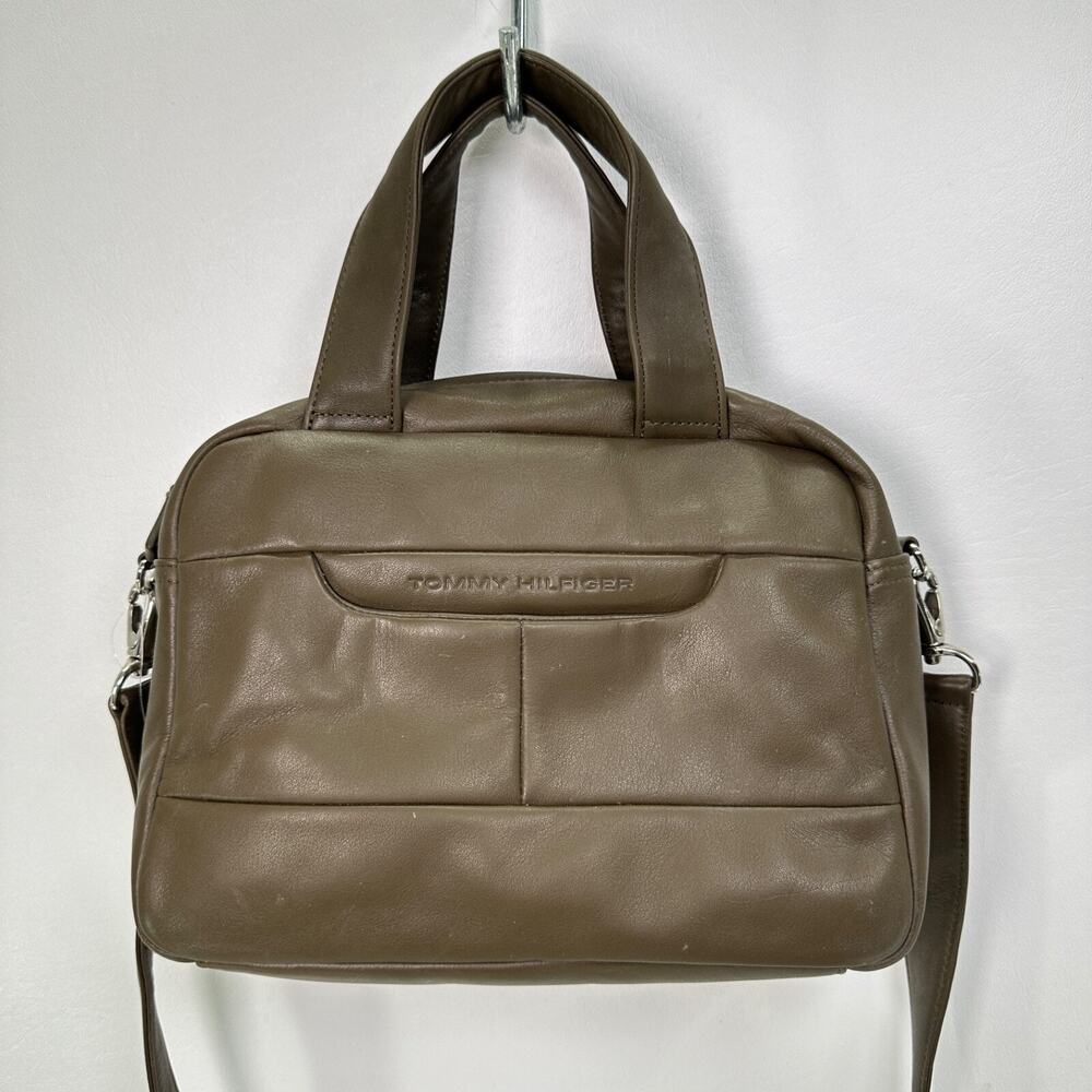 Tommy Hilfiger Nappa Leather Flag Satchel Olive Brown Khaki Lined Crossbody NWT